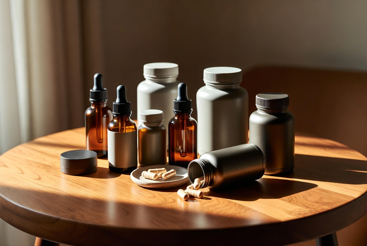 Supplement bottles and capsules on a wooden table